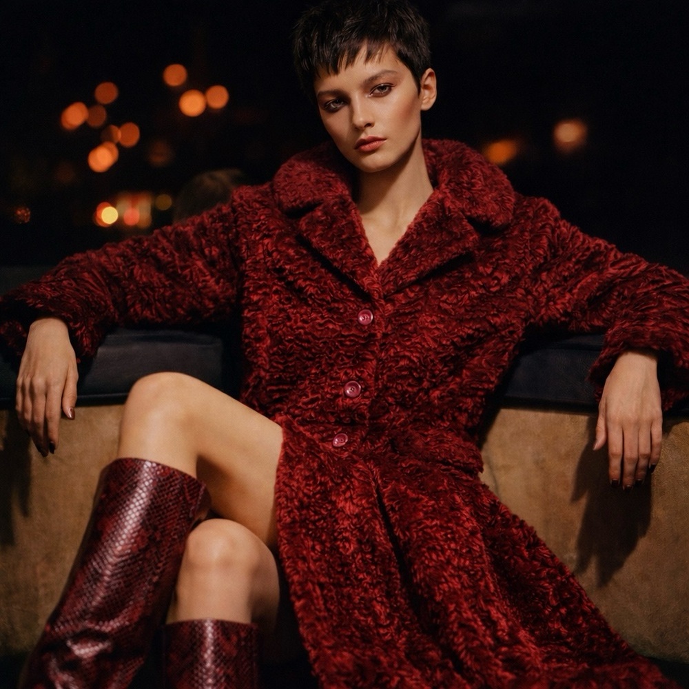 Bebe Burgundy Persian Lamb Faux Fur Coat - Size P